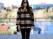 red, black white checked sweater