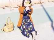 Vestido midi flores cardigan mostaza