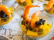 Aperitivo mango langostinos arroz basmati especiado