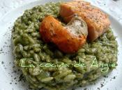 Risotto verde vieiras salmón