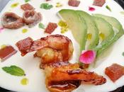 blanco langostinos teriyaki, anchoas, aguacate carne membrillo