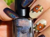 Manicura holográfico negro flores naranja