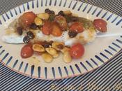 Merluza salsa cava, cherry almendras
