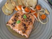 Salmón marinado horno verduras